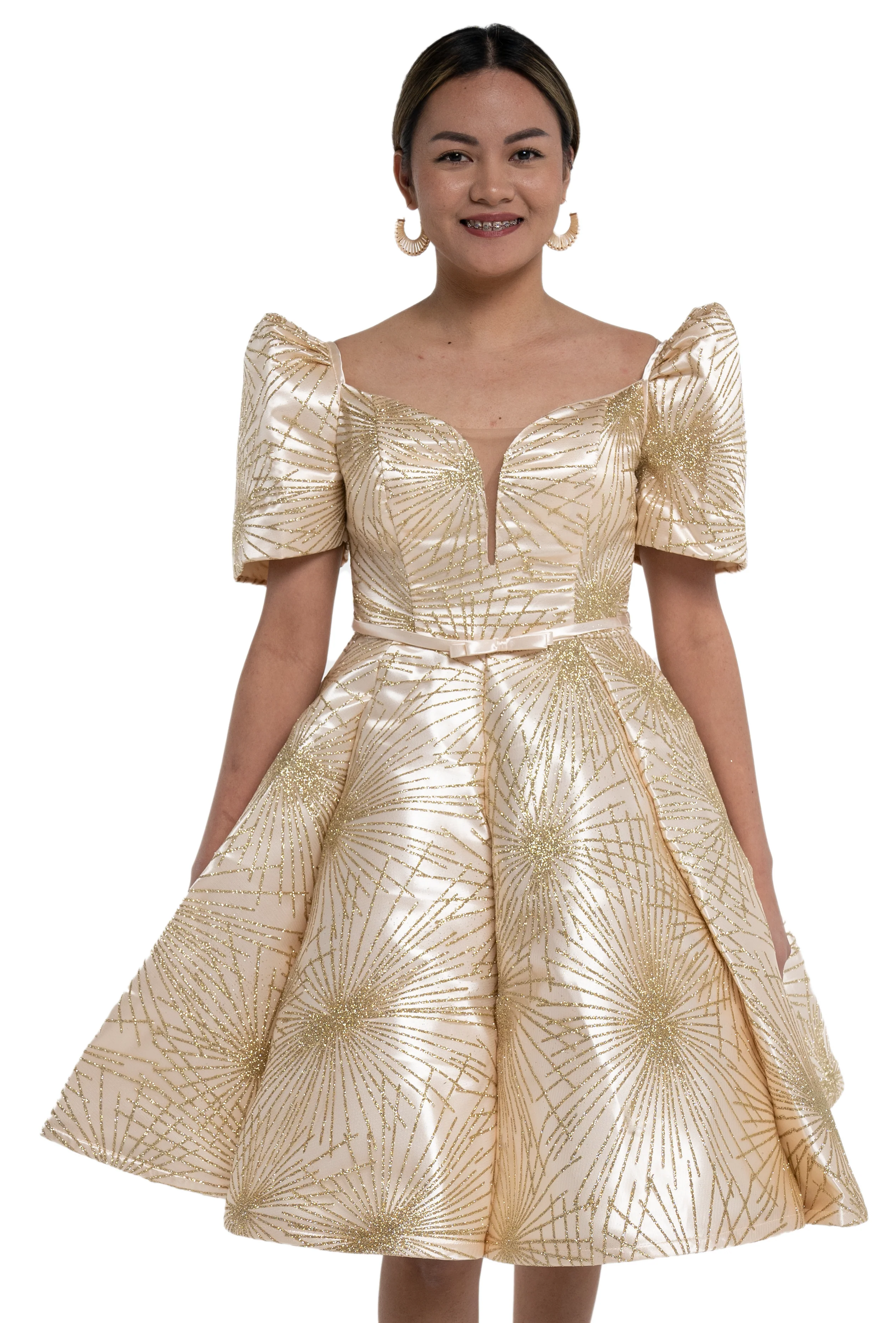 Couples Set Golden Satin Barong Tagalog + Studded Princess Dress with Umbrella Petticoat - S1 - Image 10