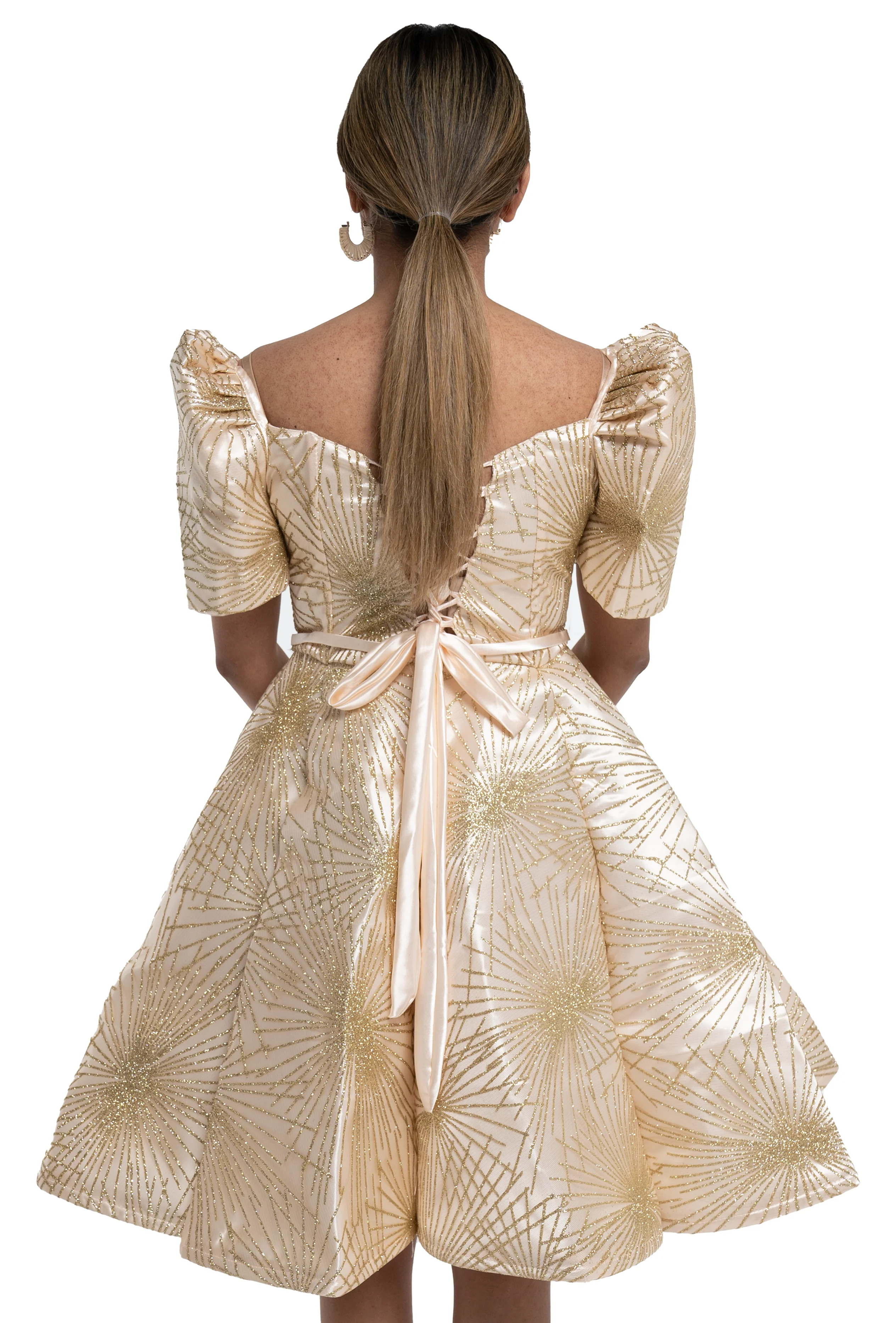 Couples Set Golden Satin Barong Tagalog + Studded Princess Dress with Umbrella Petticoat - S1 - Image 11