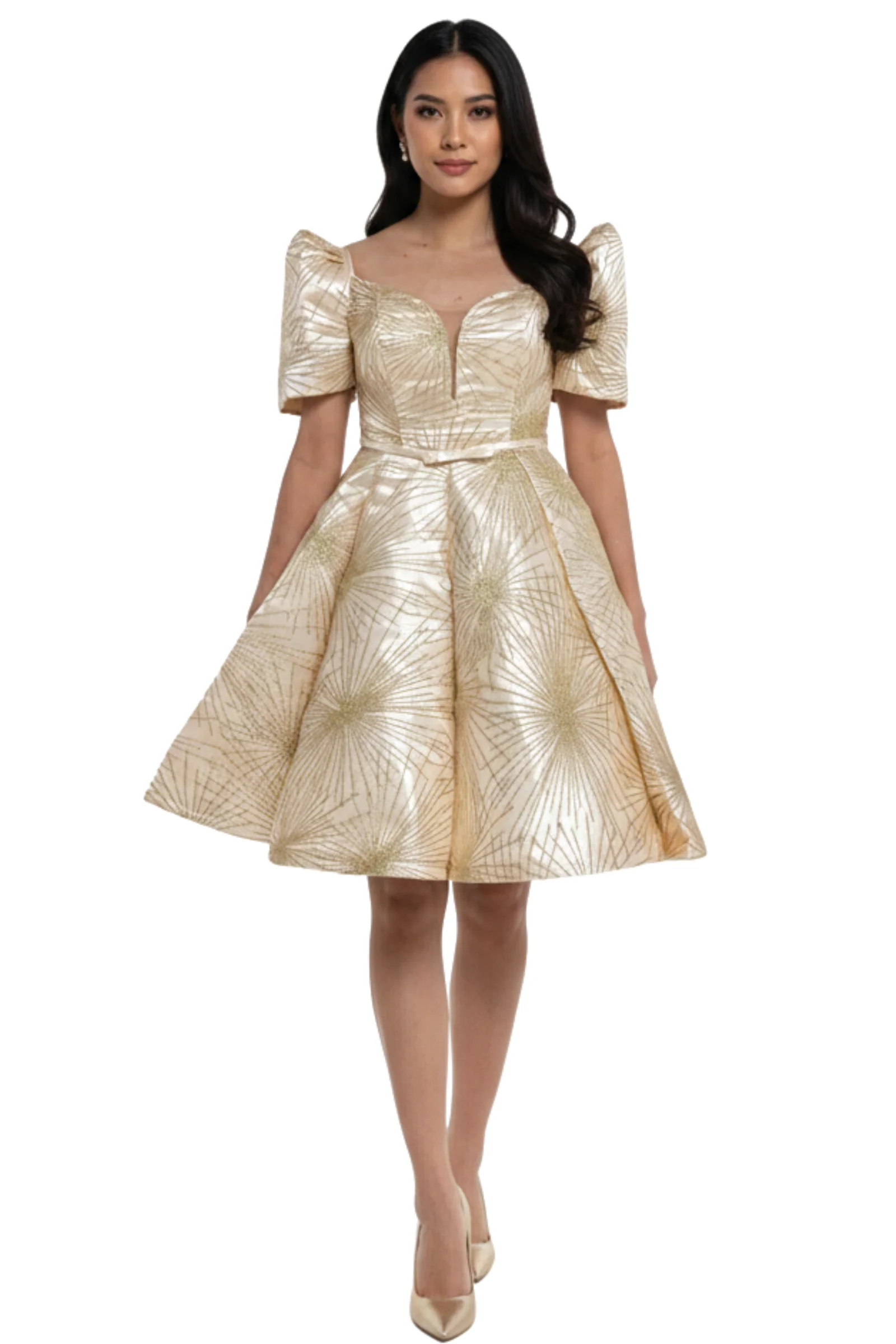 Couples Set Golden Satin Barong Tagalog + Studded Princess Dress with Umbrella Petticoat - S1 - Image 3