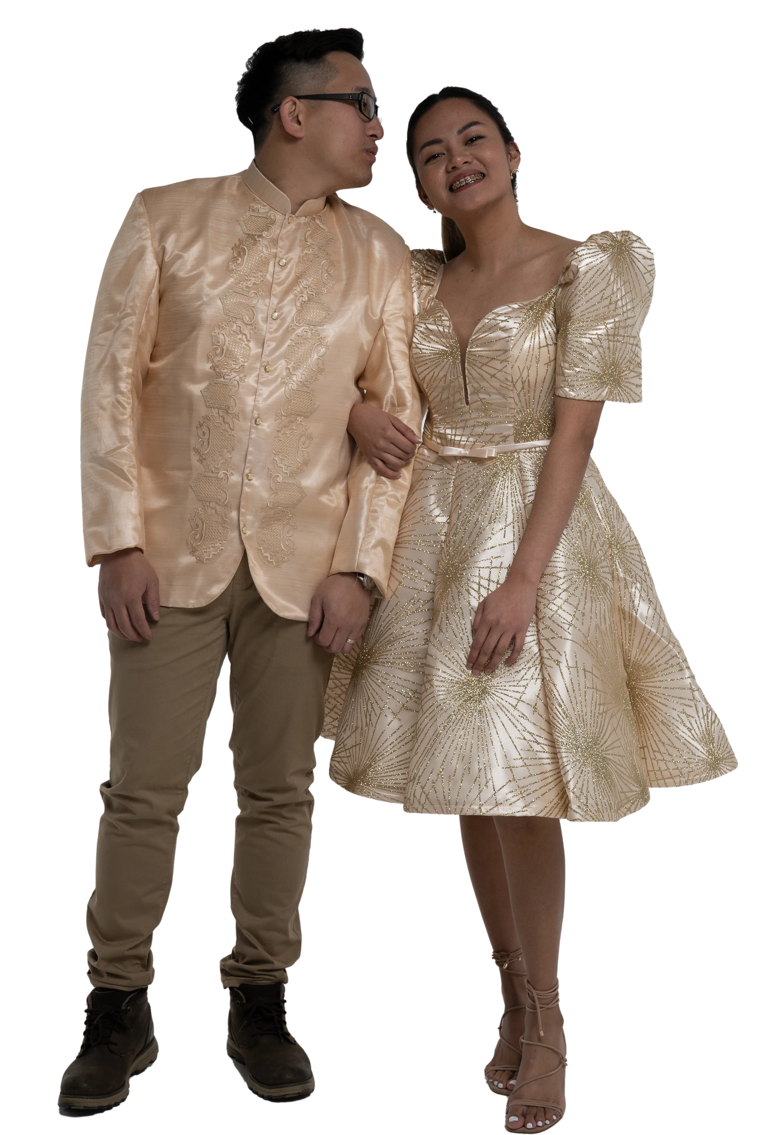 Couples Set Golden Satin Barong Tagalog + Studded Princess Dress with Umbrella Petticoat - S1 - Image 6