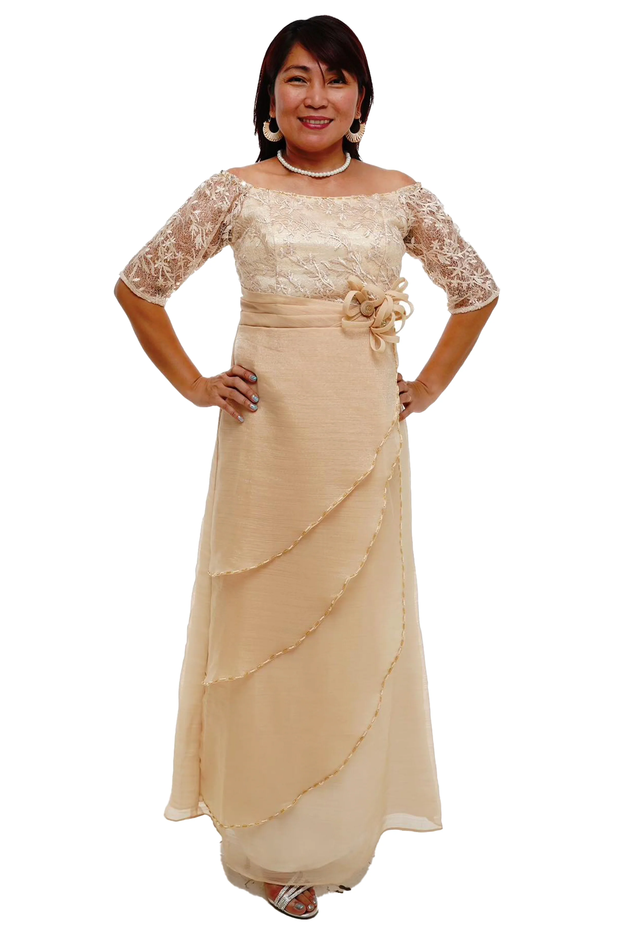 Full Lace Top Beige Modern Filipiniana Dress - Claudia - MR6 - Image 3