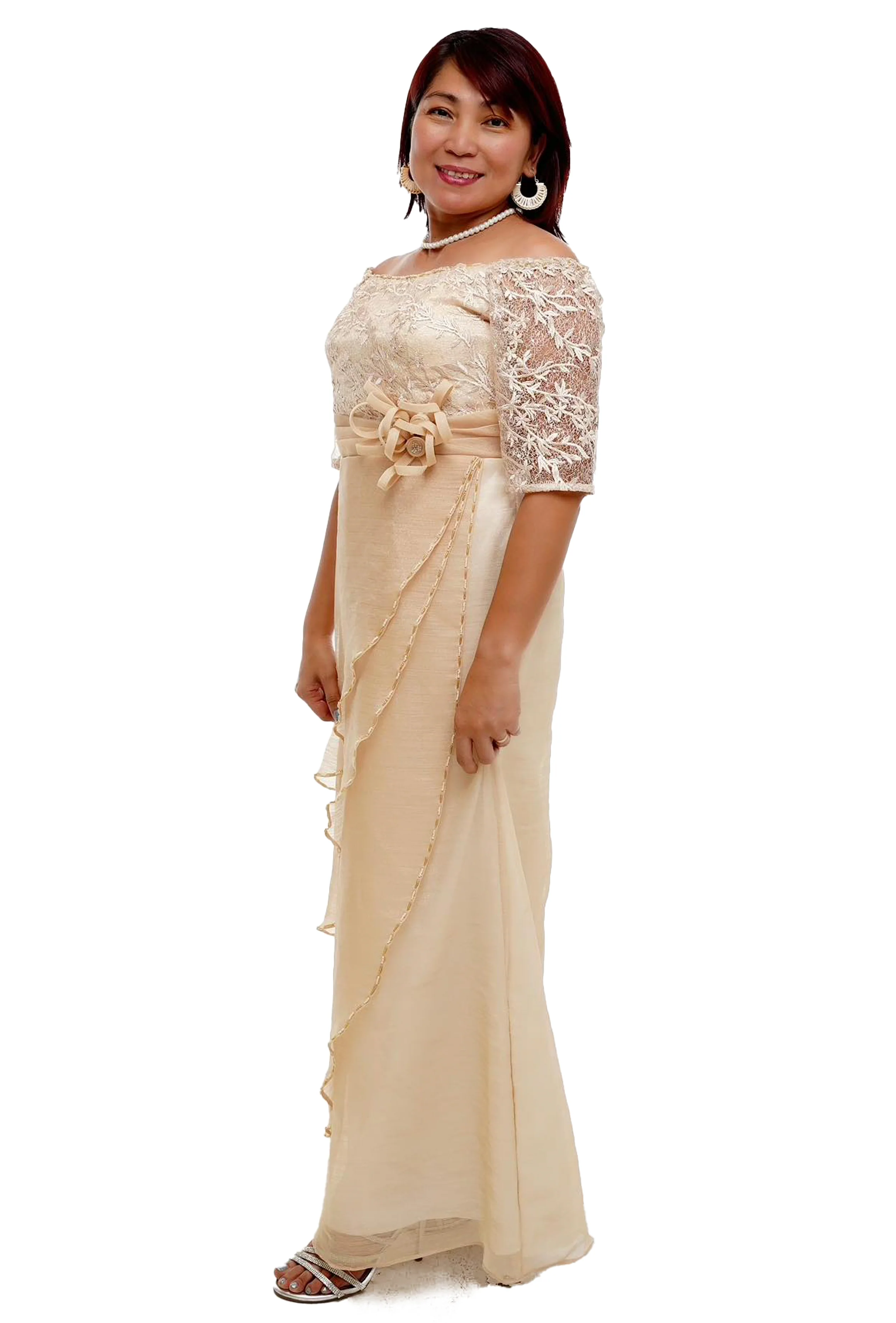 Full Lace Top Beige Modern Filipiniana Dress - Claudia - MR6 - Image 4